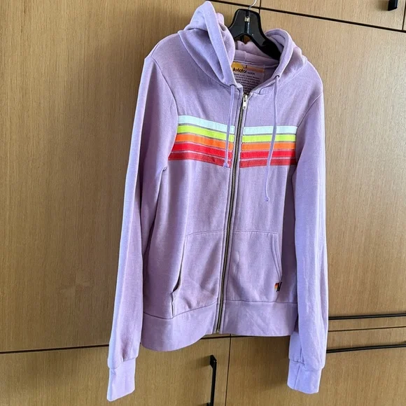 Aviator Nation 5 STRIPE Zip HOODIE Jacket Purple / MAUVE NEON colors Size Small - Picture 4 of 10